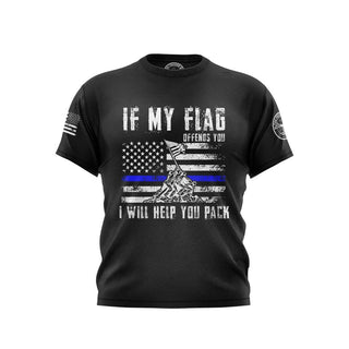 "Black T-shirt featuring 'If My Flag Offends You I Will Help You Pack' text with patriotic graphics." 