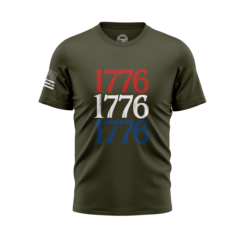 1776 Flag Sleeve Tee — Red, White & Blue on Black