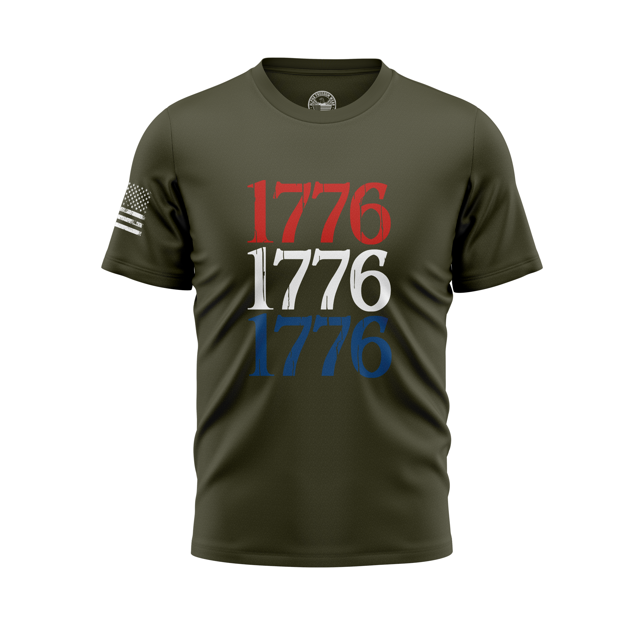 1776 Flag Sleeve Tee — Red, White & Blue on Black