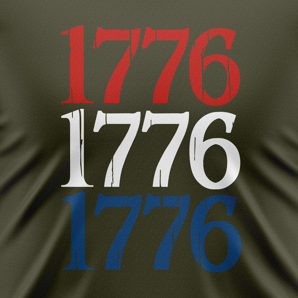 1776 Flag Sleeve Tee — Red, White & Blue on Black