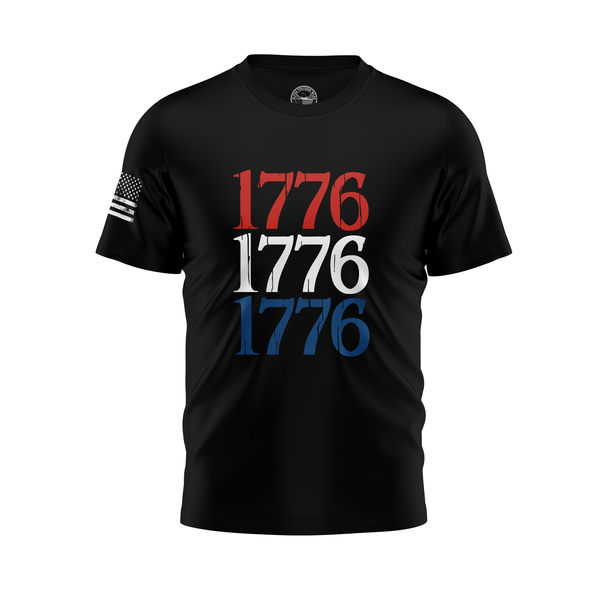 1776 Red, White, Blue. Black Short Sleeve T-Shirt – USA Flag Sleeve