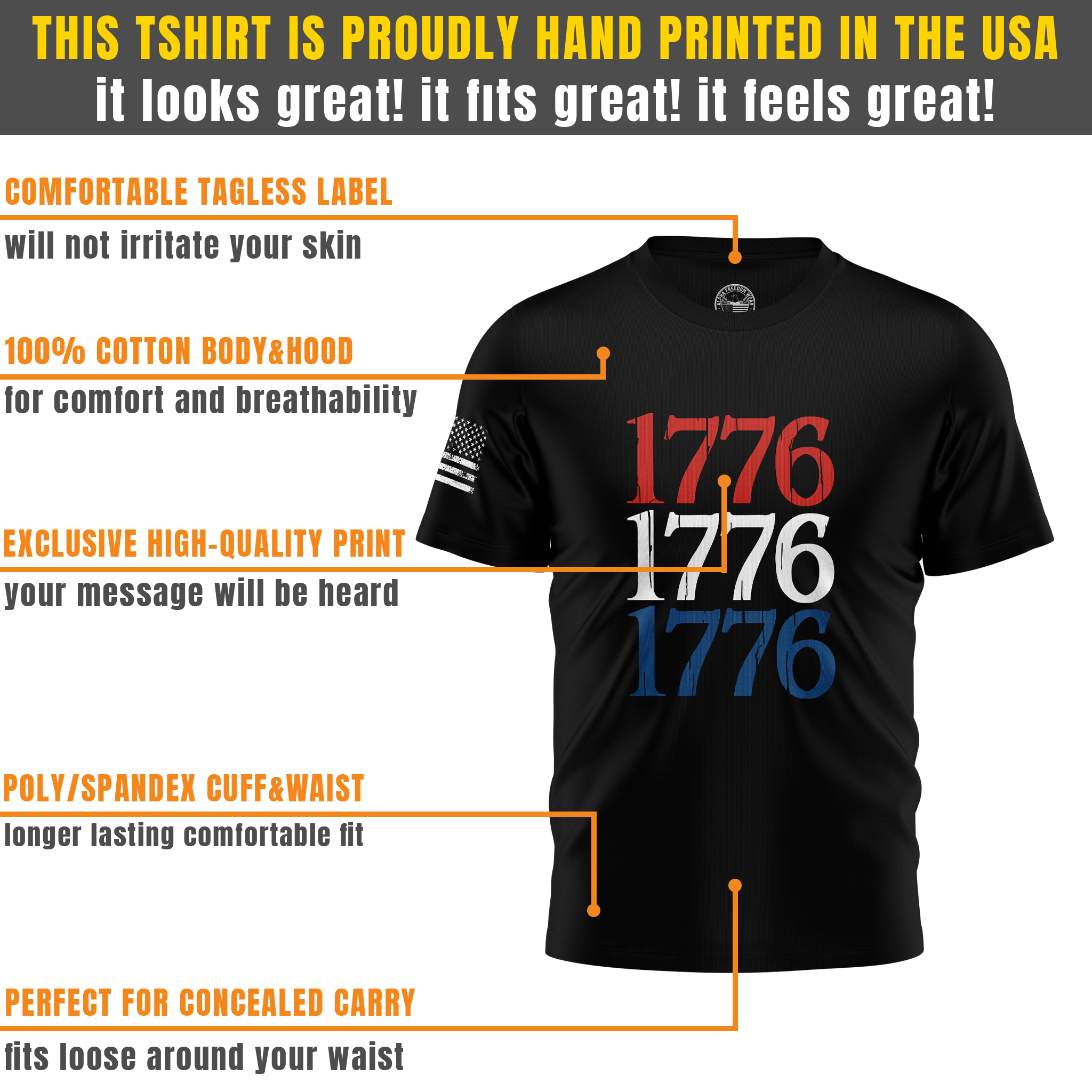 1776 Red, White, Blue. Black Short Sleeve T-Shirt – USA Flag Sleeve