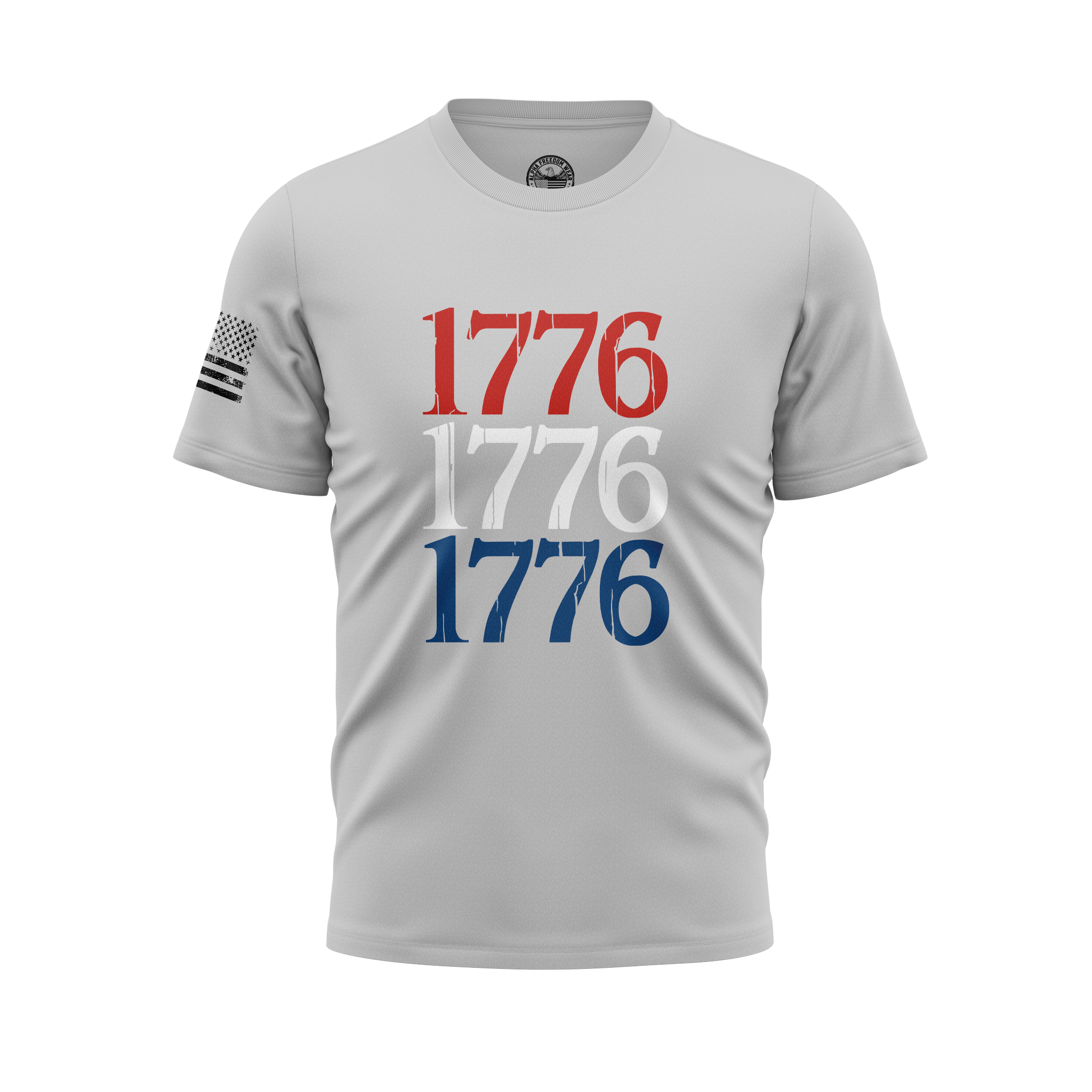 1776 Flag Sleeve Tee — Red, White & Blue on Black
