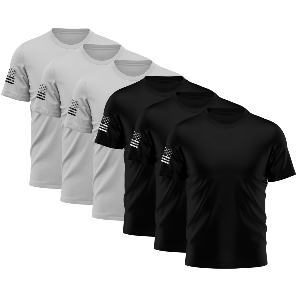 USA Flag Sleeve Tee — 6-Pack (Black & Granite)