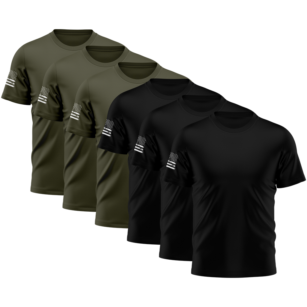 USA Flag Sleeve Tee — 6-Pack (Black & Army Green)