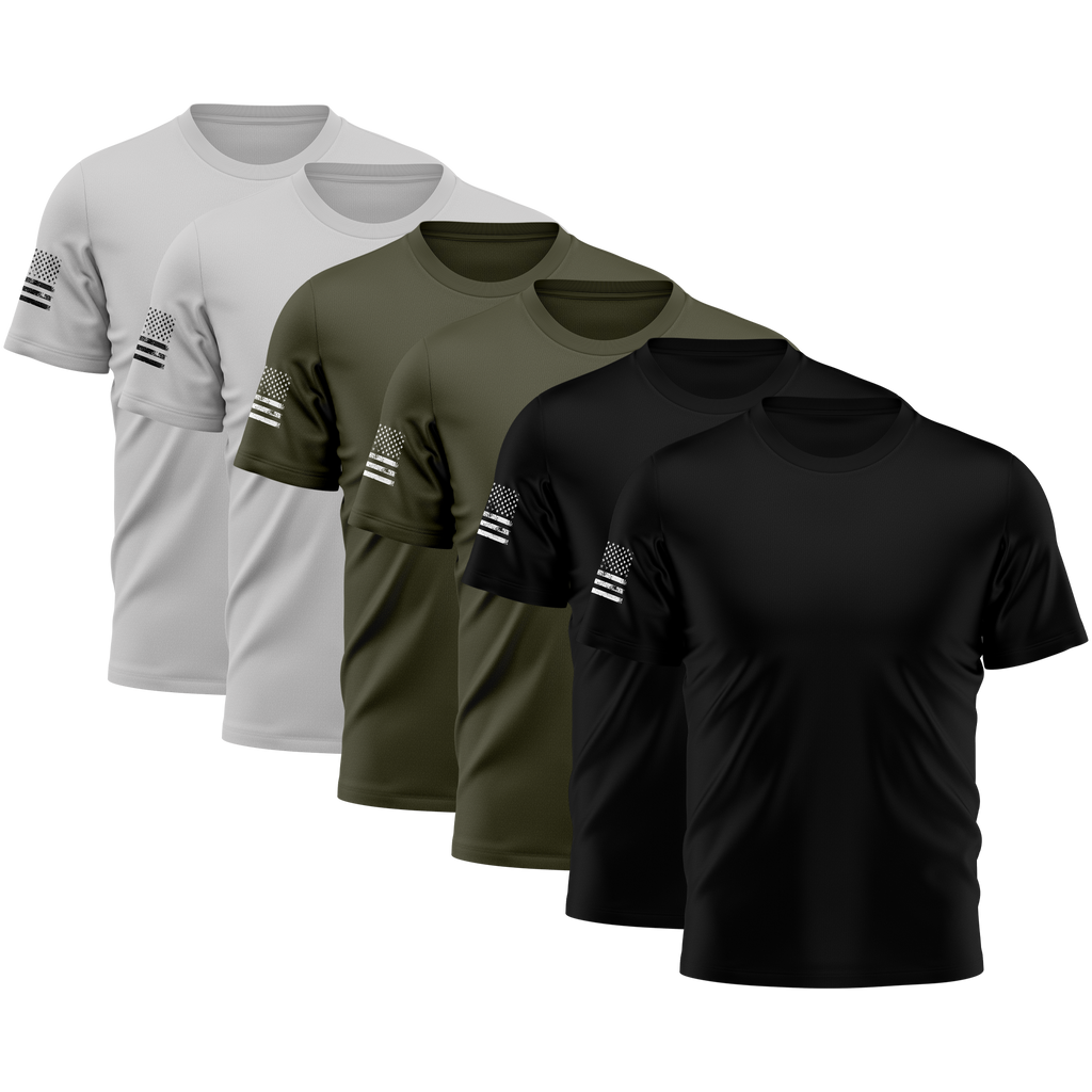 USA Flag Sleeve Tee — 6-Pack (Black, Army Green & Granite)