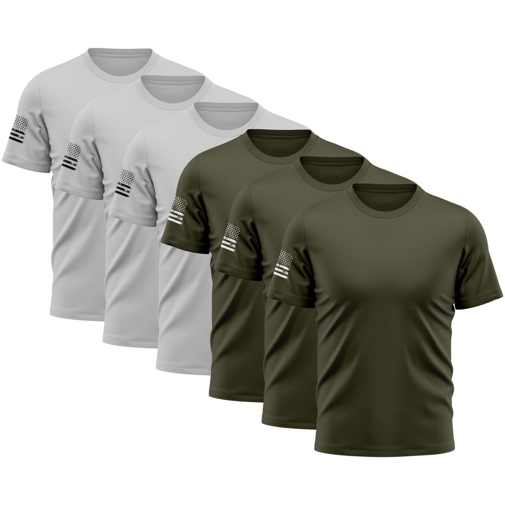 USA Flag Sleeve Tee — 6-Pack (Army Green & Granite)