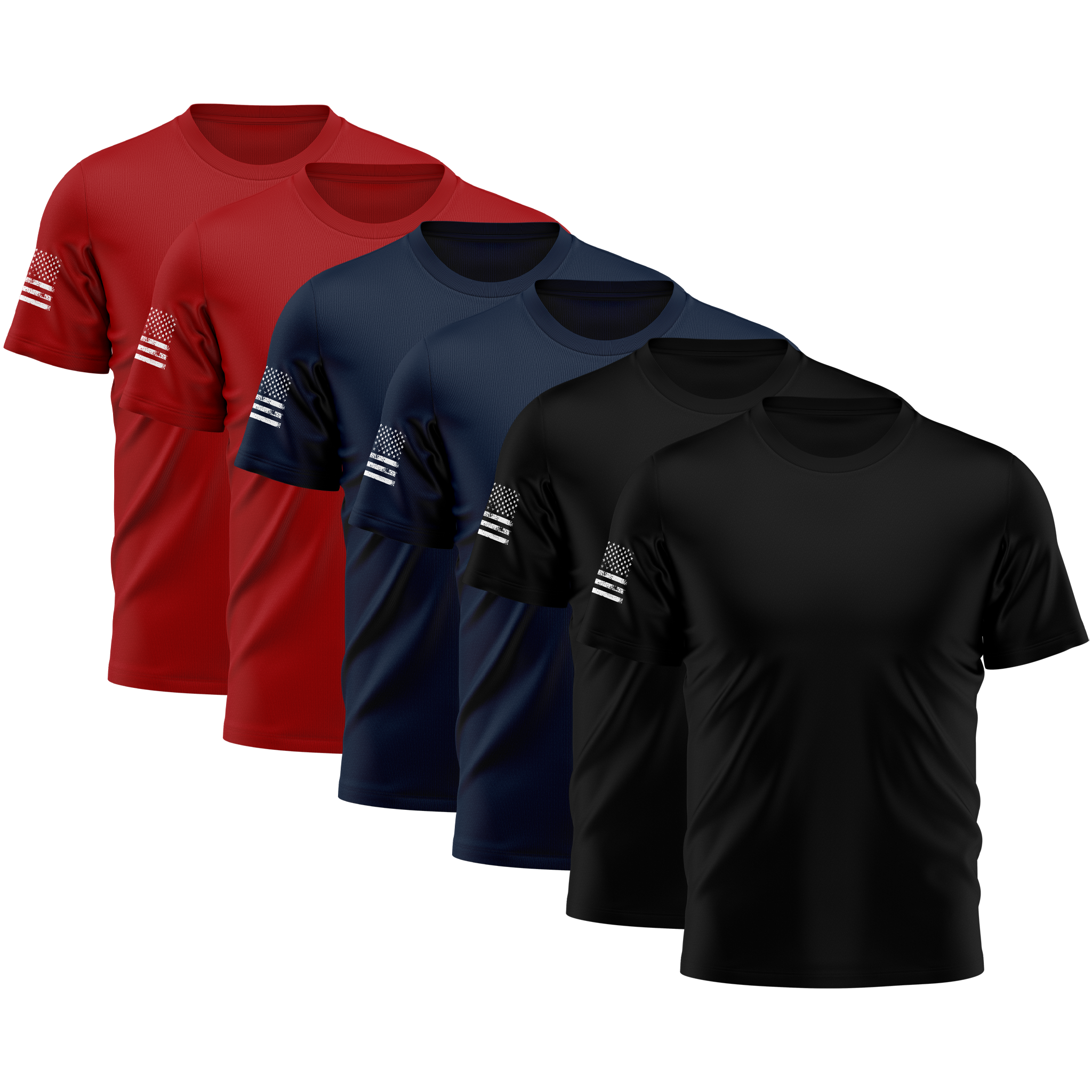 Alpha Freedom Black, Navy, Red Short Sleeve T-Shirt – USA Flag Sleeve | 6-Pack