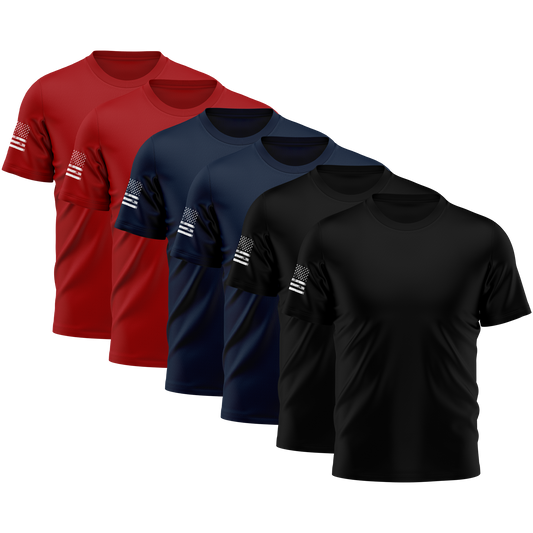 Alpha Freedom Black, Navy, Red Short Sleeve T-Shirt – USA Flag Sleeve | 6-Pack