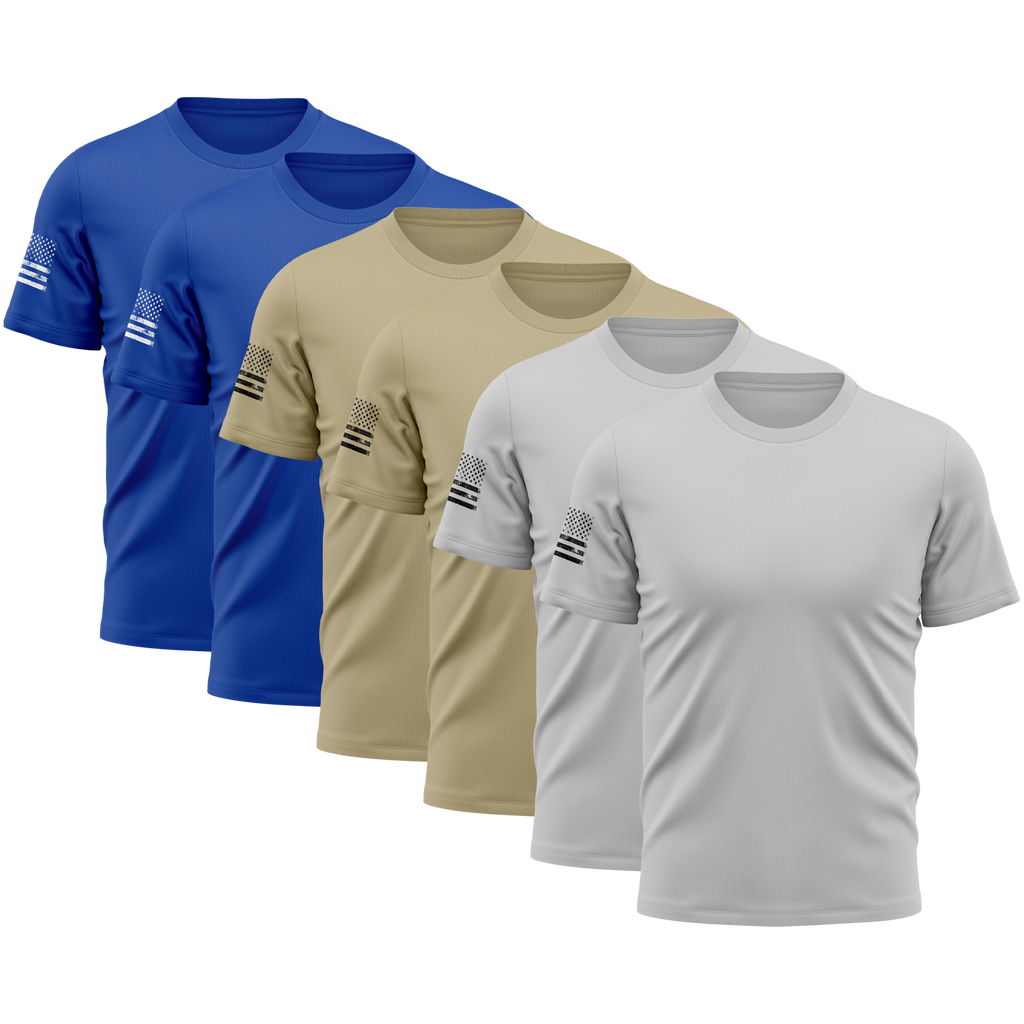Alpha Freedom Granite, Khaki, Bright Royal Short Sleeve T-Shirt – USA Flag Sleeve | 6-Pack
