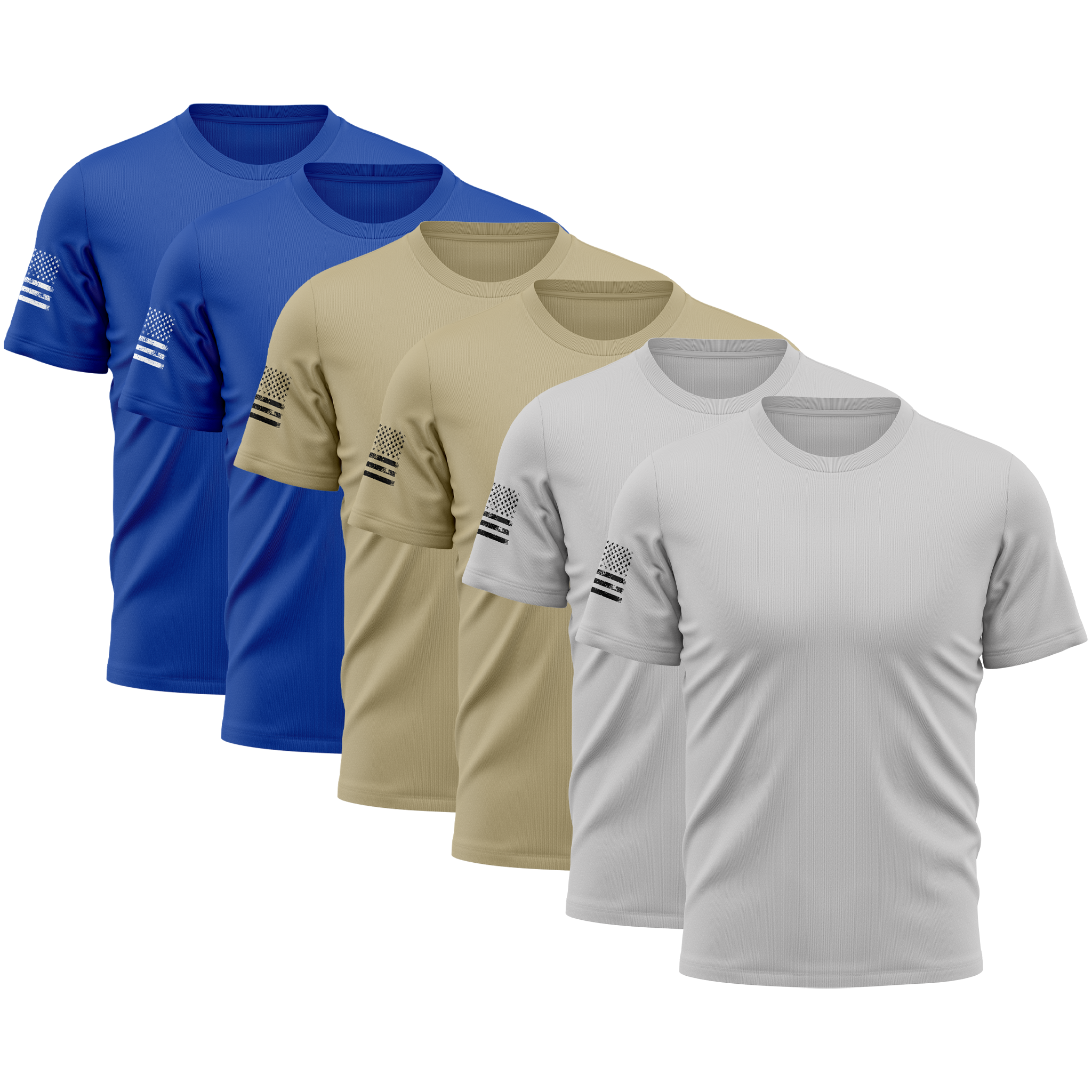 Alpha Freedom Granite, Khaki, Bright Royal Short Sleeve T-Shirt – USA Flag Sleeve | 6-Pack