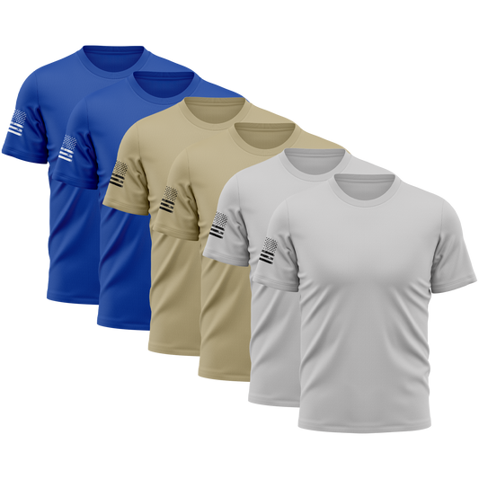 Alpha Freedom Granite, Khaki, Bright Royal Short Sleeve T-Shirt – USA Flag Sleeve | 6-Pack