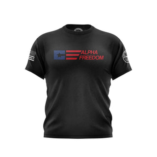 "Black T-shirt featuring 'Alpha Freedom' text in red color." 