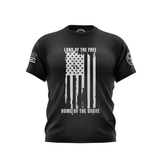 "Black T-shirt featuring 'Land OF The Free, Home Of The Brave' text with patriotic graphics." 