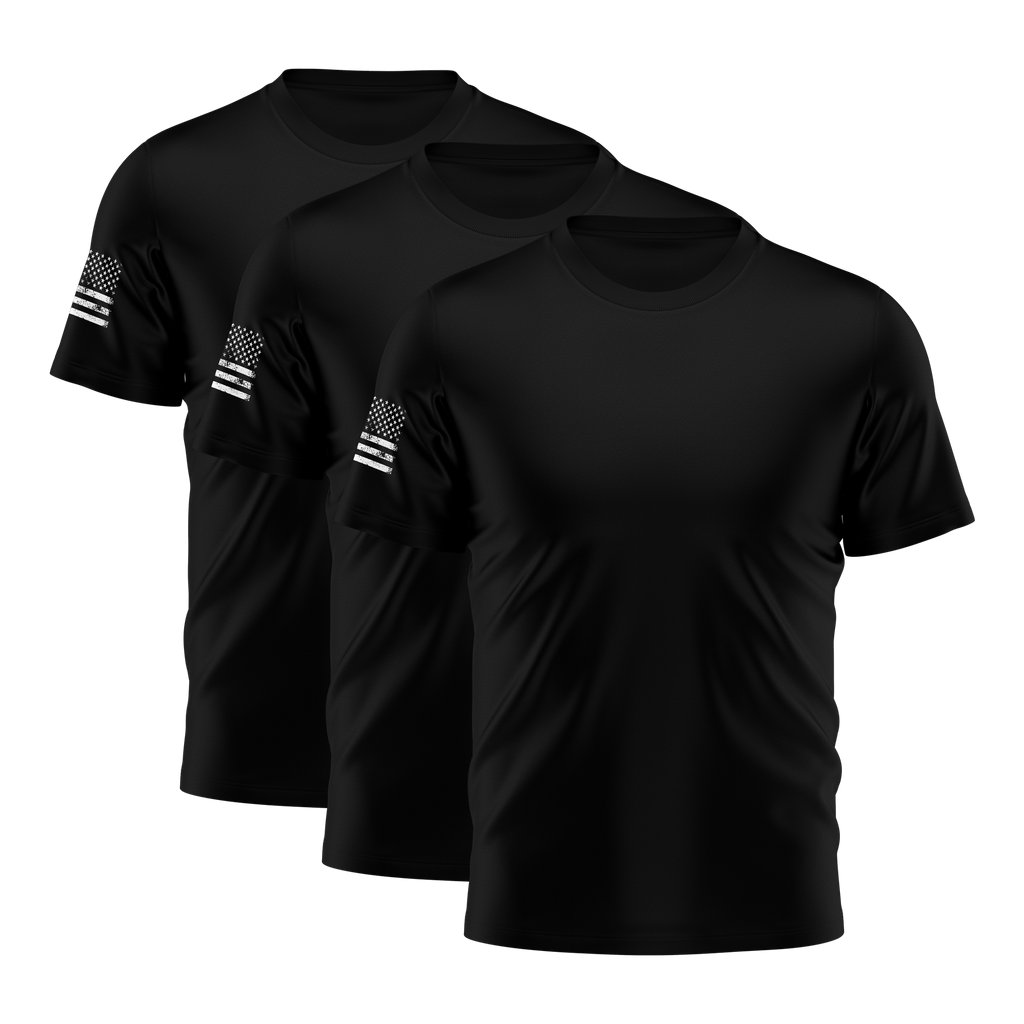 Alpha Freedom Black Short Sleeve T-Shirt – USA Flag Sleeve | 3-Pack