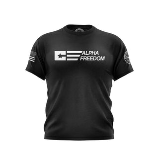 "Black T-shirt featuring 'Alpha Freedom' text with star and lines." 