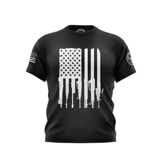 "Black T-shirt displaying a flag design composed of various firearms." 