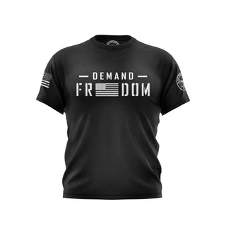 "Black T-shirt featuring 'Demand Freedom' text With USA Flag." 