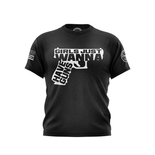 "Black T-shirt featuring 'Girls Just Wanna Have Guns' text with patriotic graphics." 