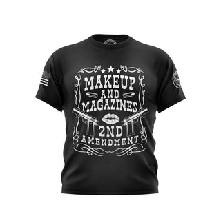 "Black T-shirt featuring 'Makeup And Magazines 2ND Amendment' text with patriotic graphics."