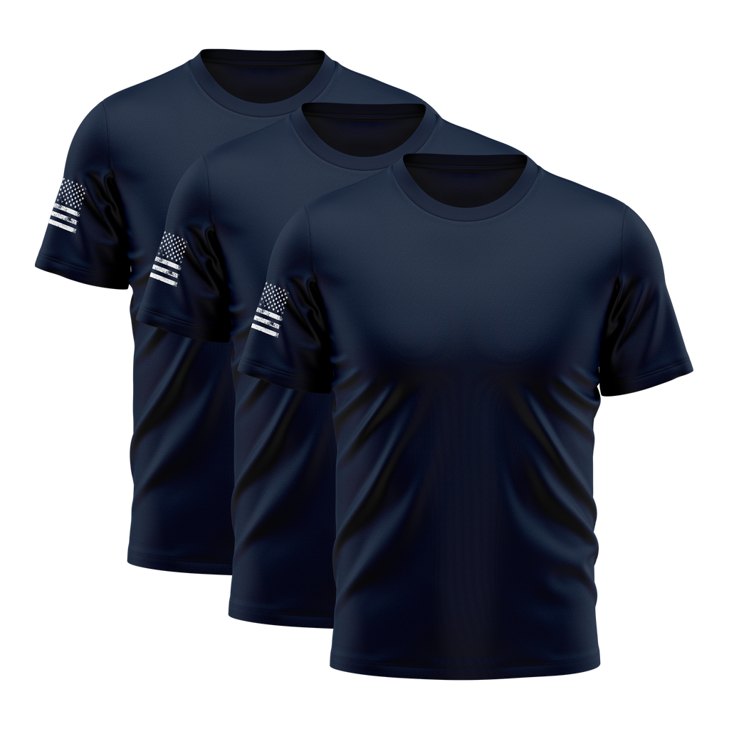 Alpha Freedom Navy Blue Short Sleeve T-Shirt – USA Flag Sleeve | 3-Pack