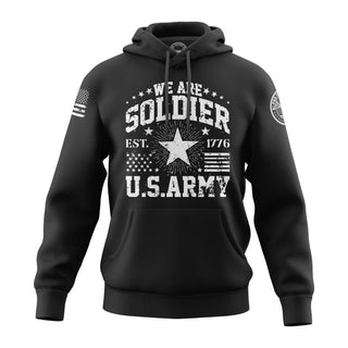 "Image shows black hoodie featuring the bold, patriotic phrase 'We Are Soldier."