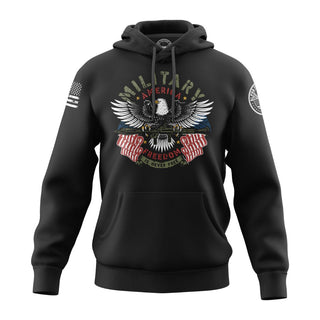 "Image shows black hoodie featuring the bold, patriotic phrase 'Military America ( Freedom is Never Free )."