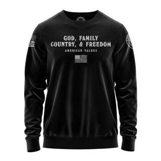 "Sweatshirt with 'God, Family, Country & Freedom' inspirational message and patriotic graphic design."