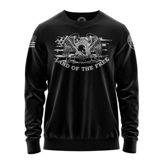 "Sweatshirt featuring 'Land of the Free' inspirational text and patriotic graphic design."