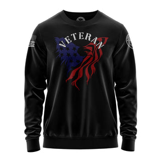 "Sweatshirt featuring 'Alpha Freedom-Veteran' inspirational text and patriotic graphic design."