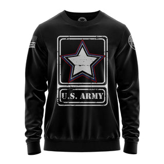 "Sweatshirt featuring 'U.S. Army with Star' inspirational text and patriotic graphic design."