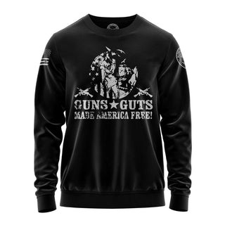 "Sweatshirt featuring 'Guns Guts Made America Free' inspirational text and patriotic graphic design."