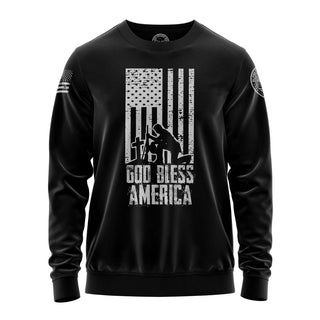 "Sweatshirt featuring 'GOD Bless America' inspirational text and patriotic graphic design."