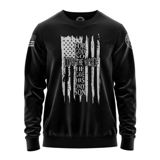 "Sweatshirt with 'For God so loved the world, that he gave his only Son' text and patriotic design."