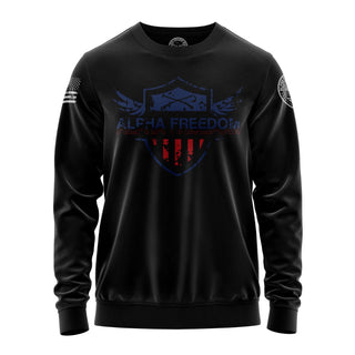 "Sweatshirt featuring 'Alpha Freedom' inspirational text and patriotic graphic design With Shield."