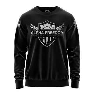 "Sweatshirt featuring 'Alpha Freedom' inspirational text and patriotic graphic design With Shield in white color."