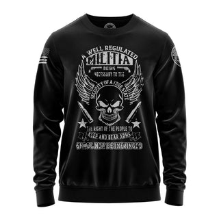 "Sweatshirt featuring 'A Well Regulated Militia' inspirational text and patriotic graphic design."