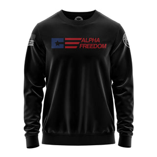 "Sweatshirt featuring 'Alpha Freedom' inspirational text and patriotic graphic design."