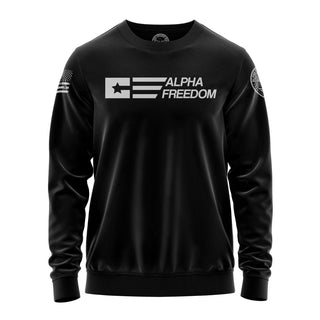 "Sweatshirt featuring 'Alpha Freedom' inspirational text and patriotic graphic design in white color."