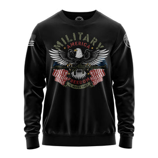 "Sweatshirt featuring 'Military-America Freedom is Never Free' inspirational text and patriotic graphic design."