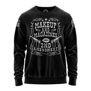 "Sweatshirt featuring 'Make Up And Magazine 2nd Amendment' inspirational text and patriotic graphic design."