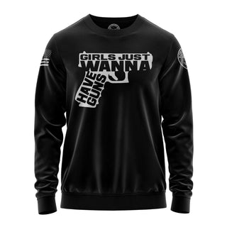 "Sweatshirt featuring 'Girls Just Wanna Have Guns' inspirational text and patriotic graphic design."