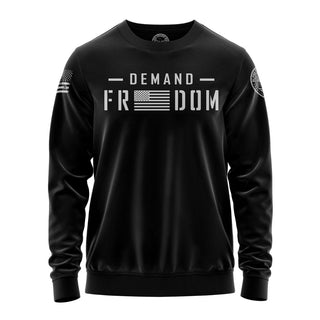 "Sweatshirt featuring 'Demand Freedom' inspirational text and patriotic graphic design."