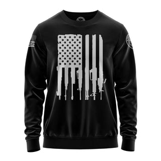 "Sweatshirt featuring 'Graphic design of an American flag with guns."