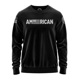 "Sweatshirt featuring 'American-With Flag' inspirational text and patriotic graphic design."