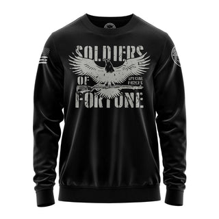 "Sweatshirt featuring 'Soldier of Fortune' inspirational text and patriotic graphic design."