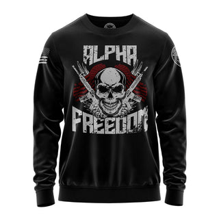 "Sweatshirt featuring 'Alpha Freedom' inspirational text and patriotic graphic design."