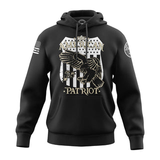 "Black Hoodie featuring 'The American Patriot' text with patriotic graphics."