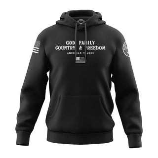 "Image shows black hoodie featuring the bold, patriotic phrase 'God Family Country & Freedom."