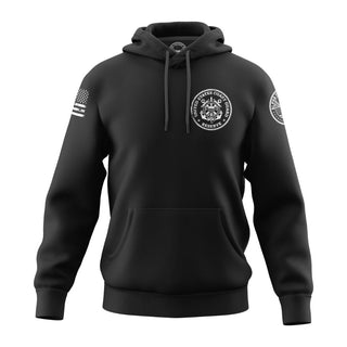 "Image shows black hoodie featuring the bold, patriotic phrase 'United States Coast Guard."